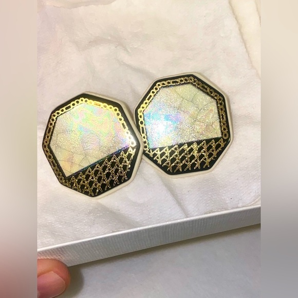 Iridescent Octagonal Earrings with Black and Gold Accents. Vintage. Ceramic - Picture 5 of 5